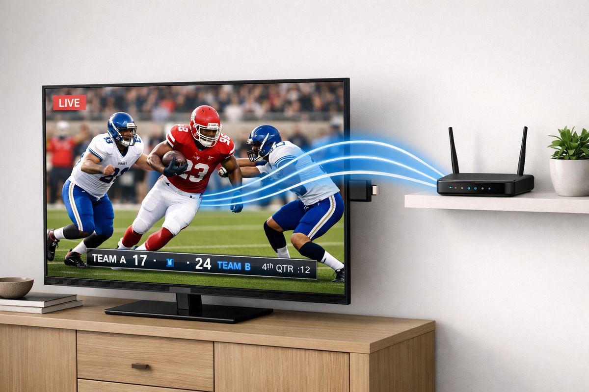 A living room setup with a smart TV playing a live sports stream, a small streaming box plugged into the side of the television, a router on a shelf nearby, and a Wi‑Fi signal flowing between them to show video being delivered over the internet.