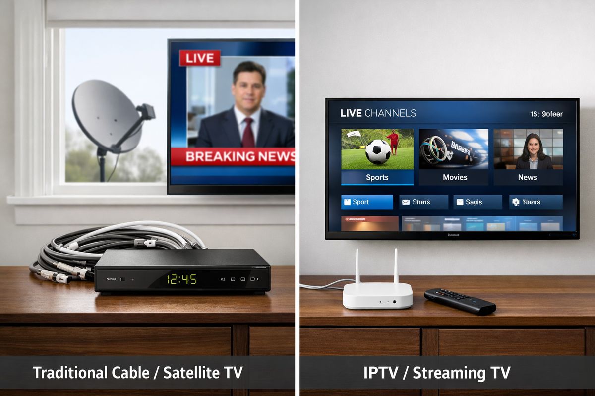 A side-by-side home entertainment scene showing a cable set-top box with bundled coaxial wiring and a satellite dish outside the window on one side, and on the other side a smart TV streaming live channels over broadband from a compact router, illustrating the difference between traditional TV delivery and IPTV.